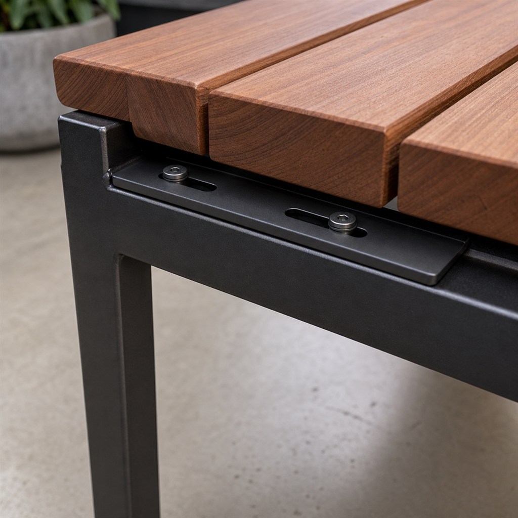 Patio Coffee Table With a Slatted Cedar Top and Steel Base - wood-to-steel interface detail