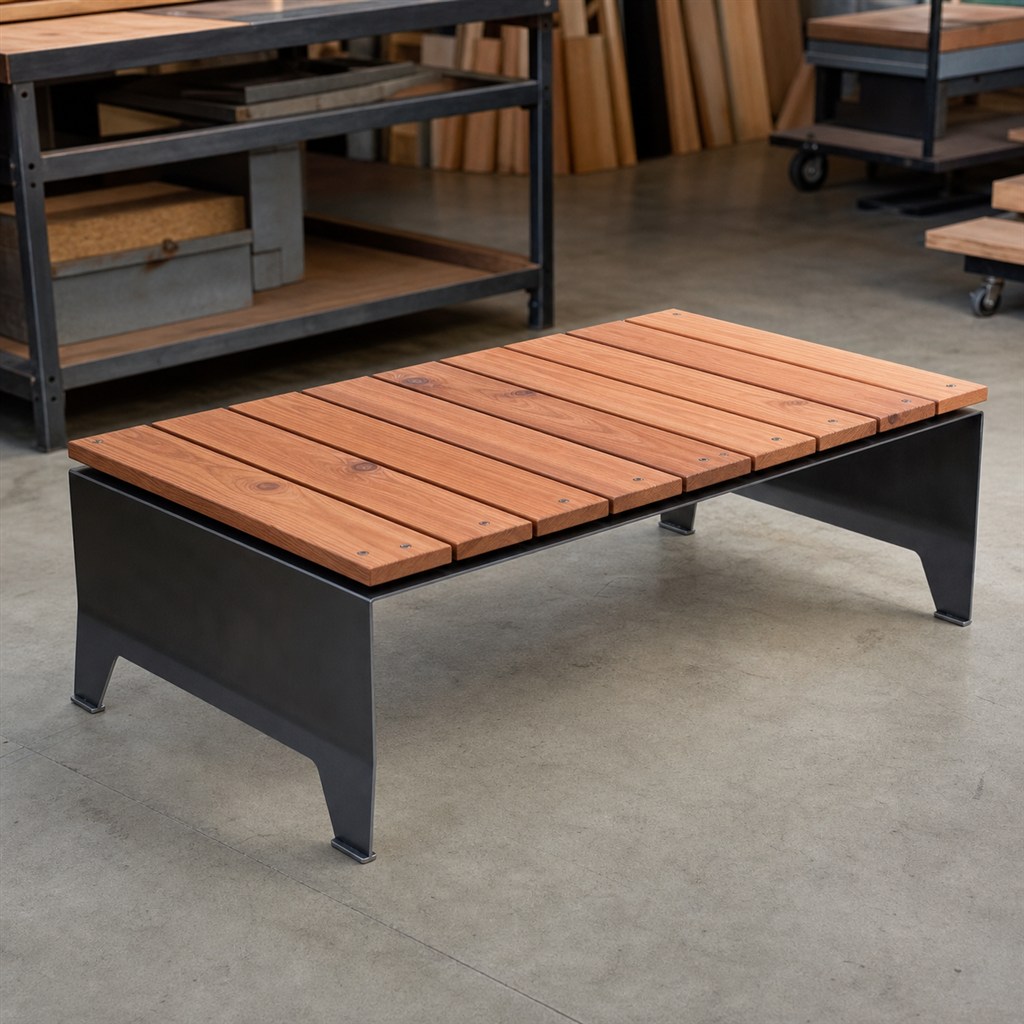 Patio Coffee Table With a Slatted Cedar Top and Steel Base - workshop dry-assembly view
