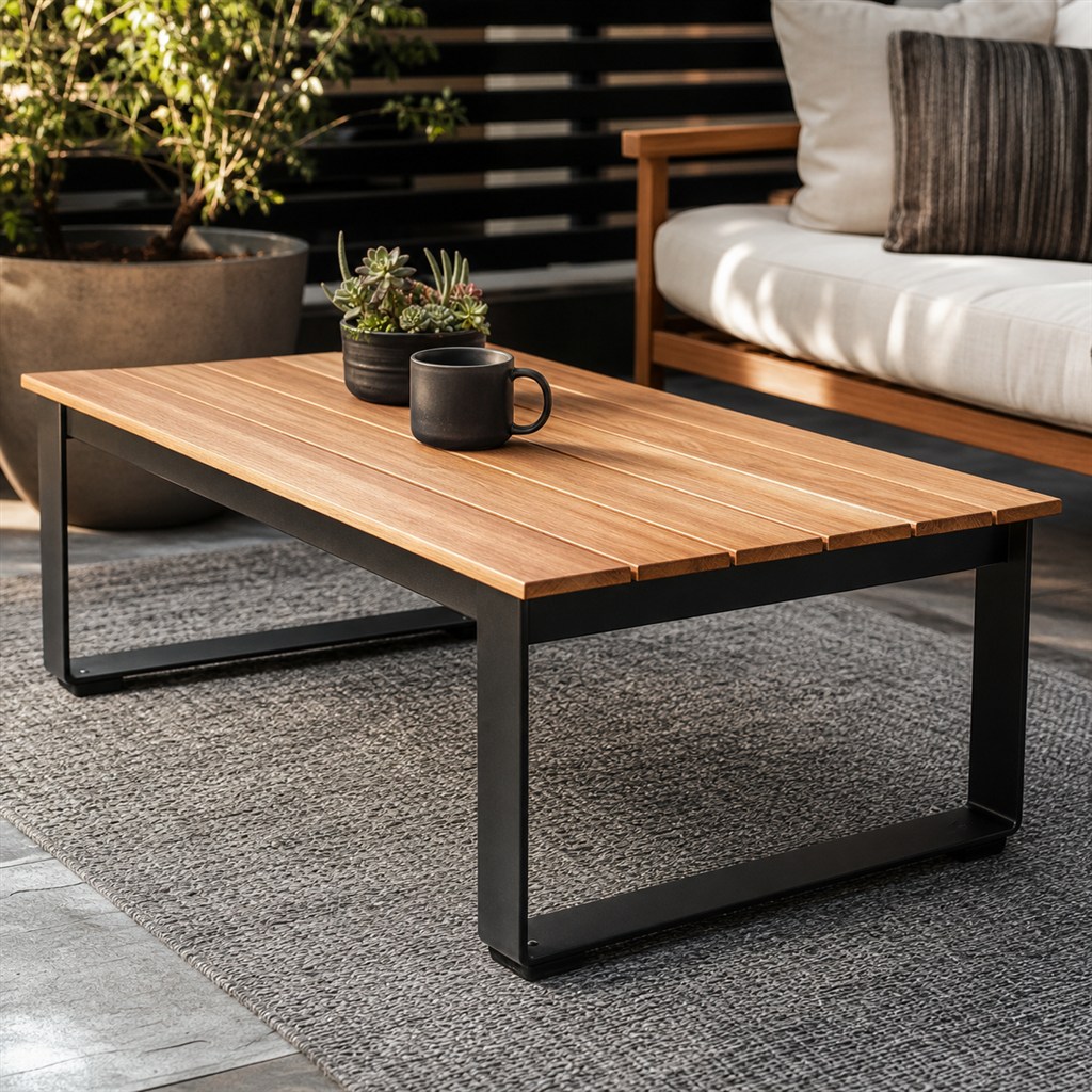 Patio Coffee Table With a Slatted Cedar Top and Steel Base - finished material detail