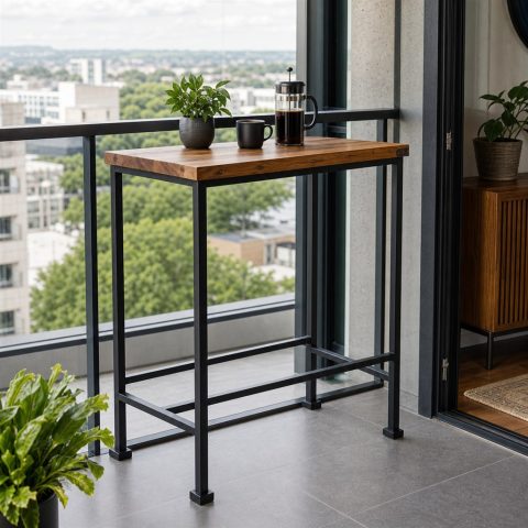 Balcony Bar Table With an Acacia Top and Steel Rail Frame