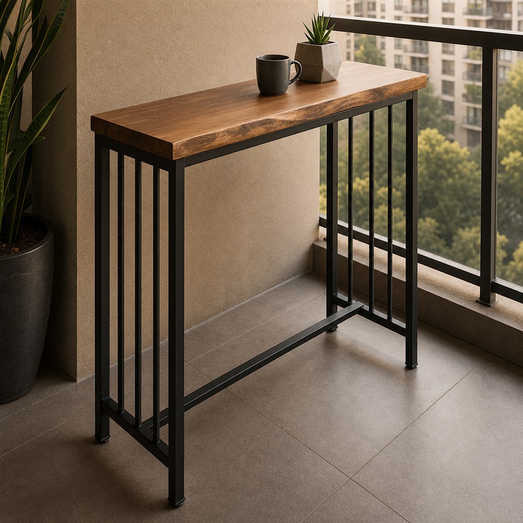Balcony Bar Table With an Acacia Top and Steel Rail Frame - alternate full view