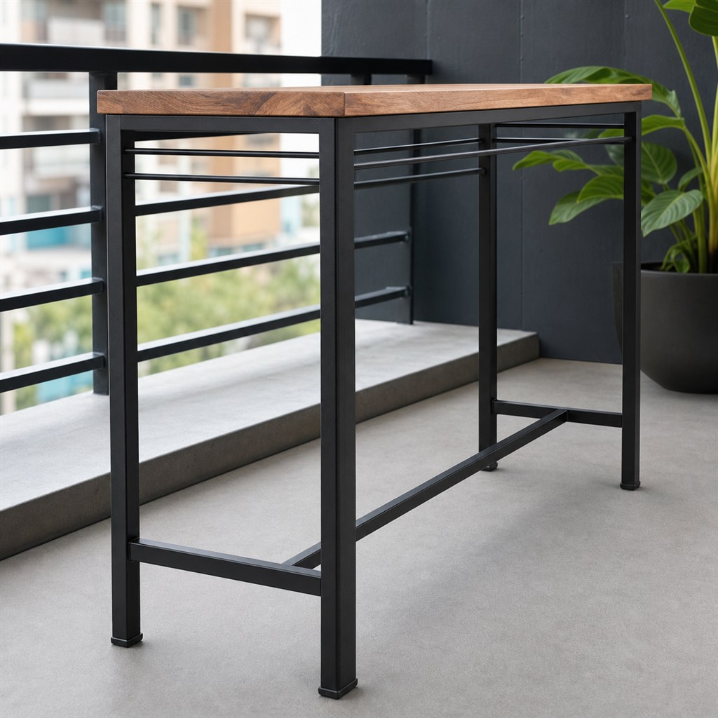 Balcony Bar Table With an Acacia Top and Steel Rail Frame - steel-frame detail
