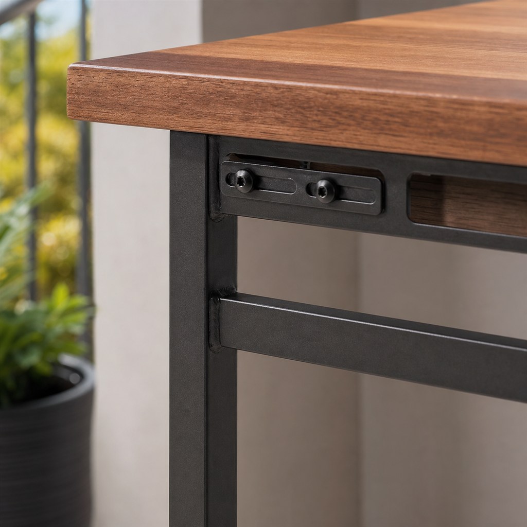 Balcony Bar Table With an Acacia Top and Steel Rail Frame - wood-to-steel interface detail