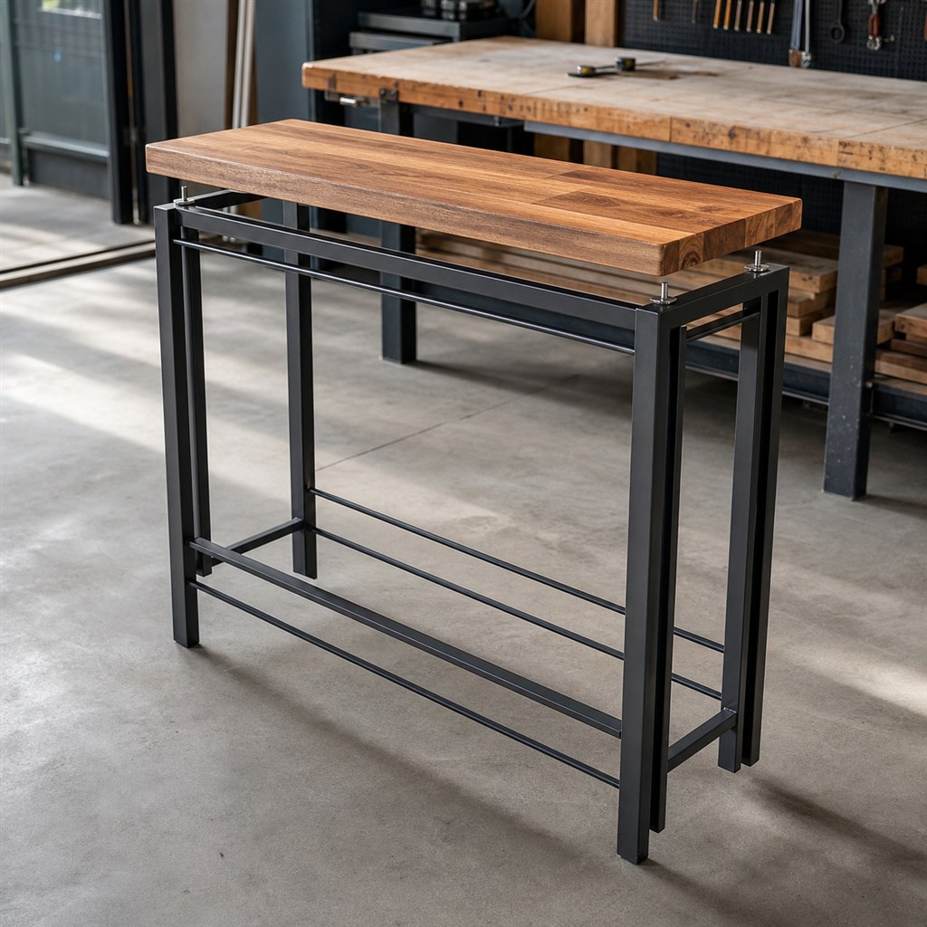 Balcony Bar Table With an Acacia Top and Steel Rail Frame - workshop dry-assembly view