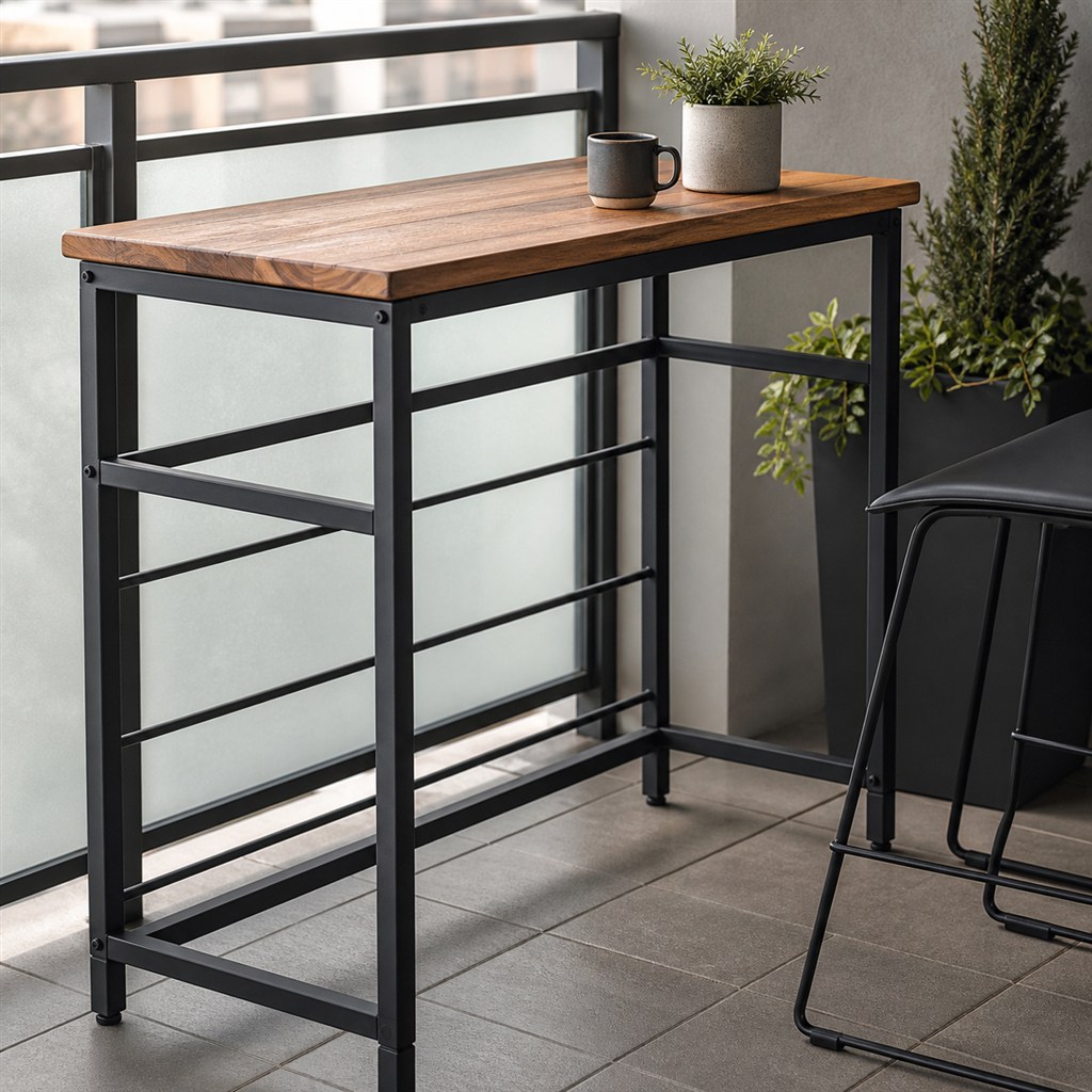 Balcony Bar Table With an Acacia Top and Steel Rail Frame - finished material detail