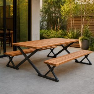 Folding Picnic Table With Wood Slats and Steel Scissor Legs