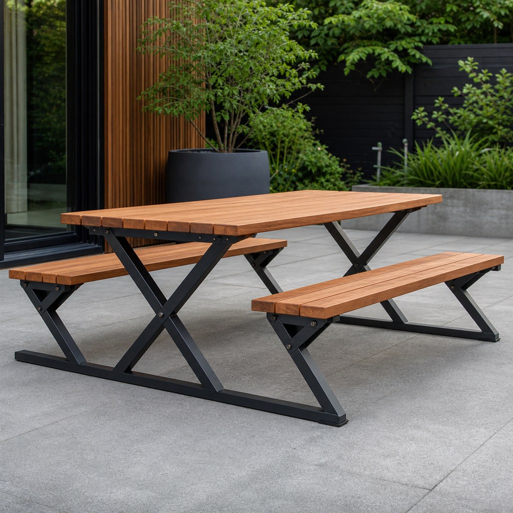 Folding Picnic Table With Wood Slats and Steel Scissor Legs - alternate full view