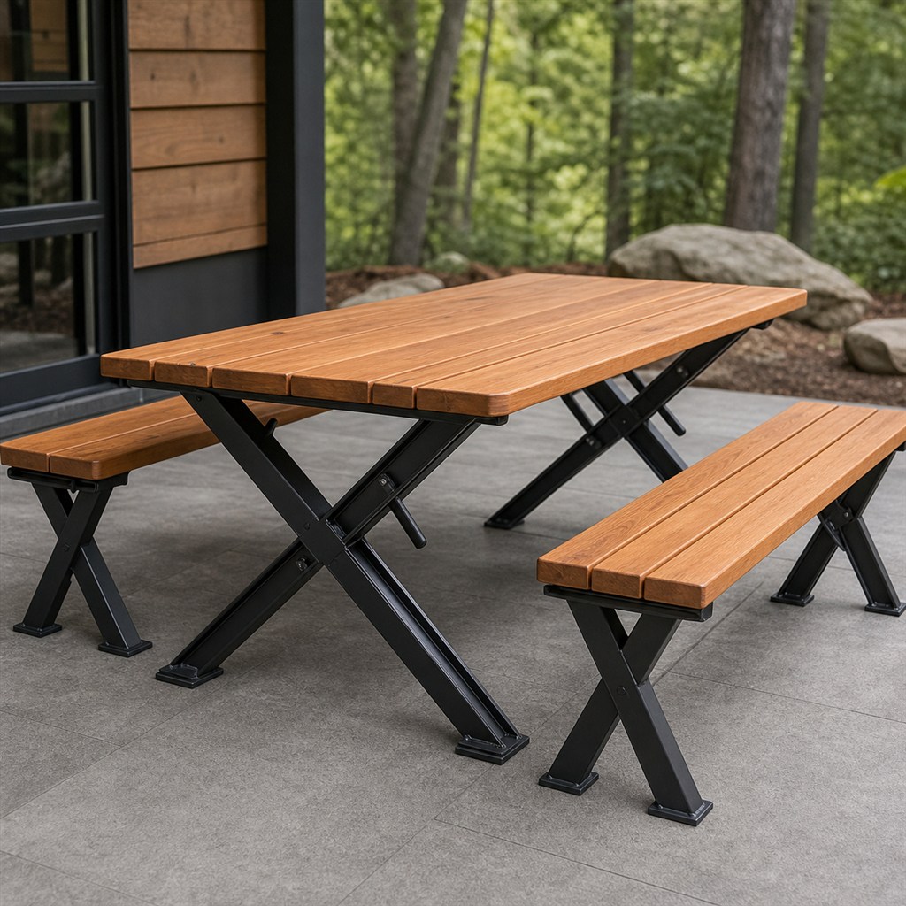 Folding Picnic Table With Wood Slats and Steel Scissor Legs - steel-frame detail