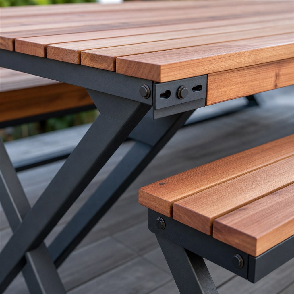 Folding Picnic Table With Wood Slats and Steel Scissor Legs - wood-to-steel interface detail