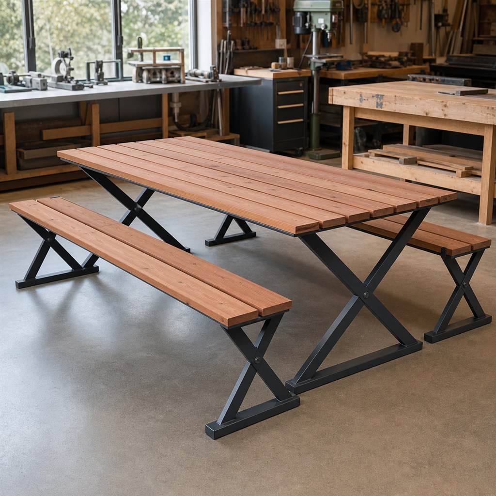 Folding Picnic Table With Wood Slats and Steel Scissor Legs - workshop dry-assembly view