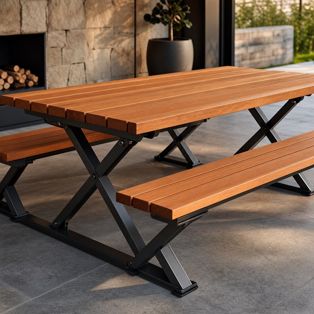 Folding Picnic Table With Wood Slats and Steel Scissor Legs - finished material detail