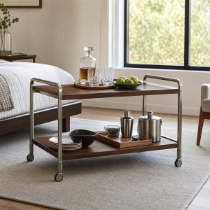 Serving Cart With Walnut Shelves and a Steel Tube Frame