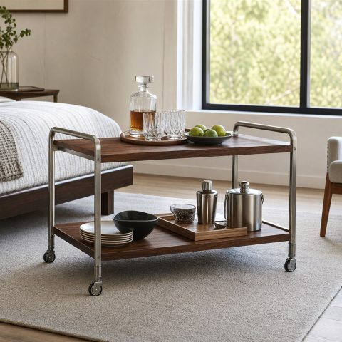 Serving Cart With Walnut Shelves and a Steel Tube Frame