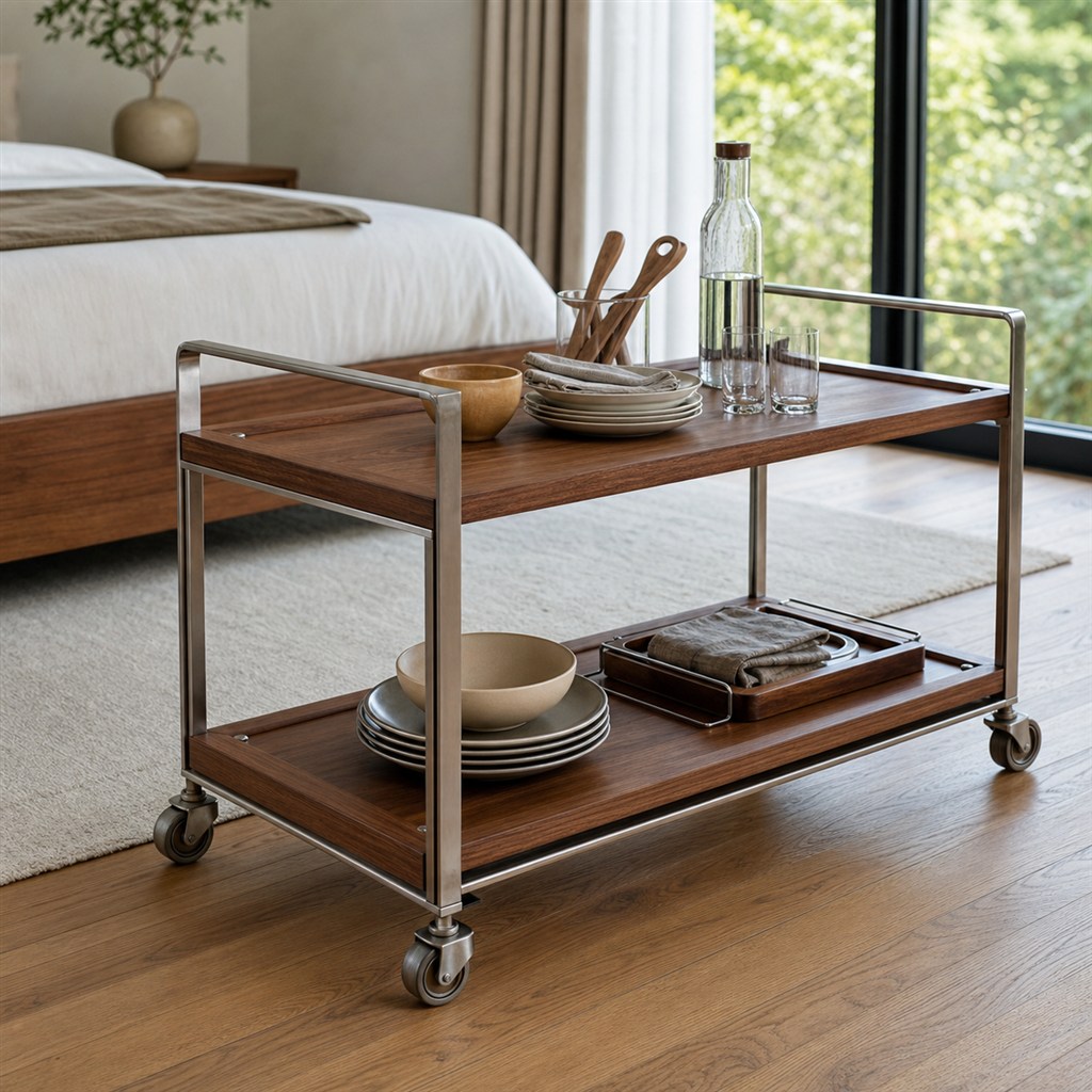 Serving Cart With Walnut Shelves and a Steel Tube Frame - alternate full view