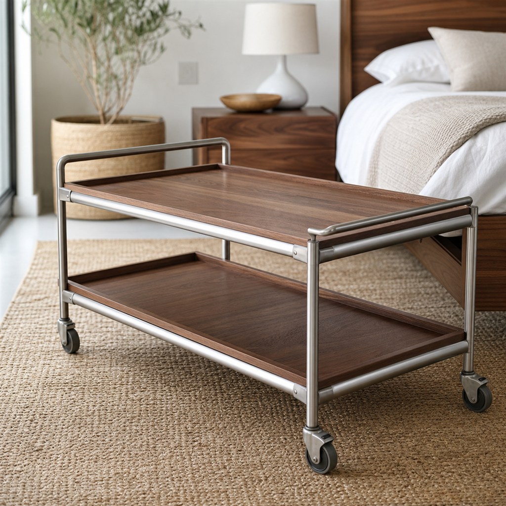 Serving Cart With Walnut Shelves and a Steel Tube Frame - steel-frame detail