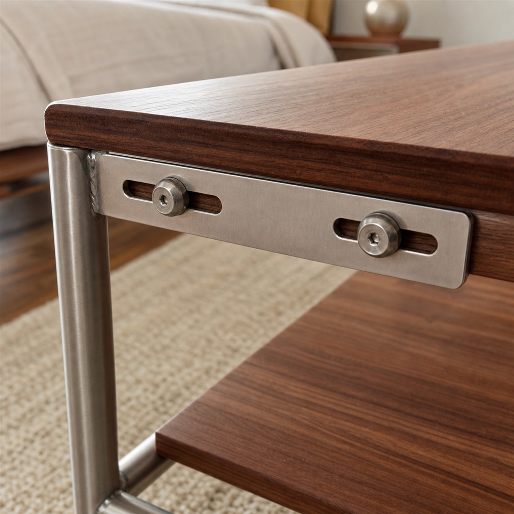 Serving Cart With Walnut Shelves and a Steel Tube Frame - wood-to-steel interface detail