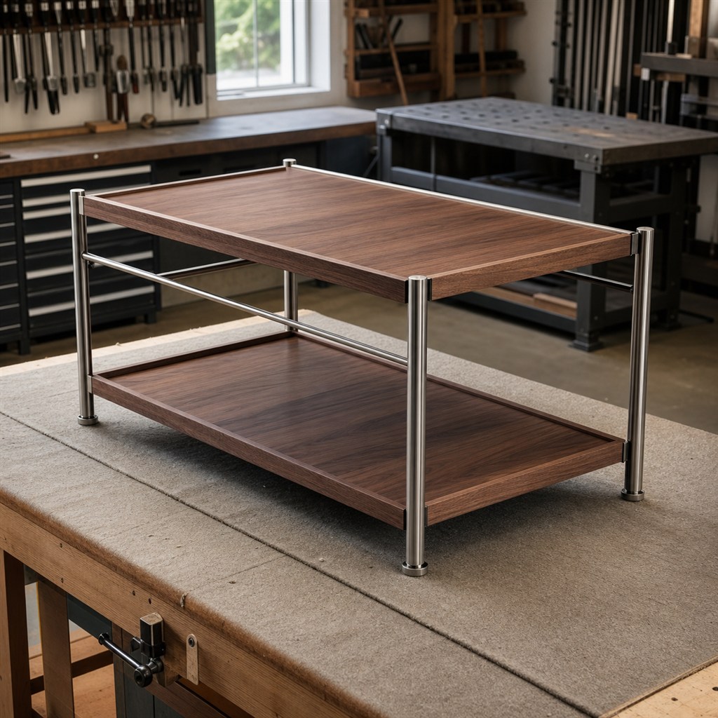 Serving Cart With Walnut Shelves and a Steel Tube Frame - workshop dry-assembly view