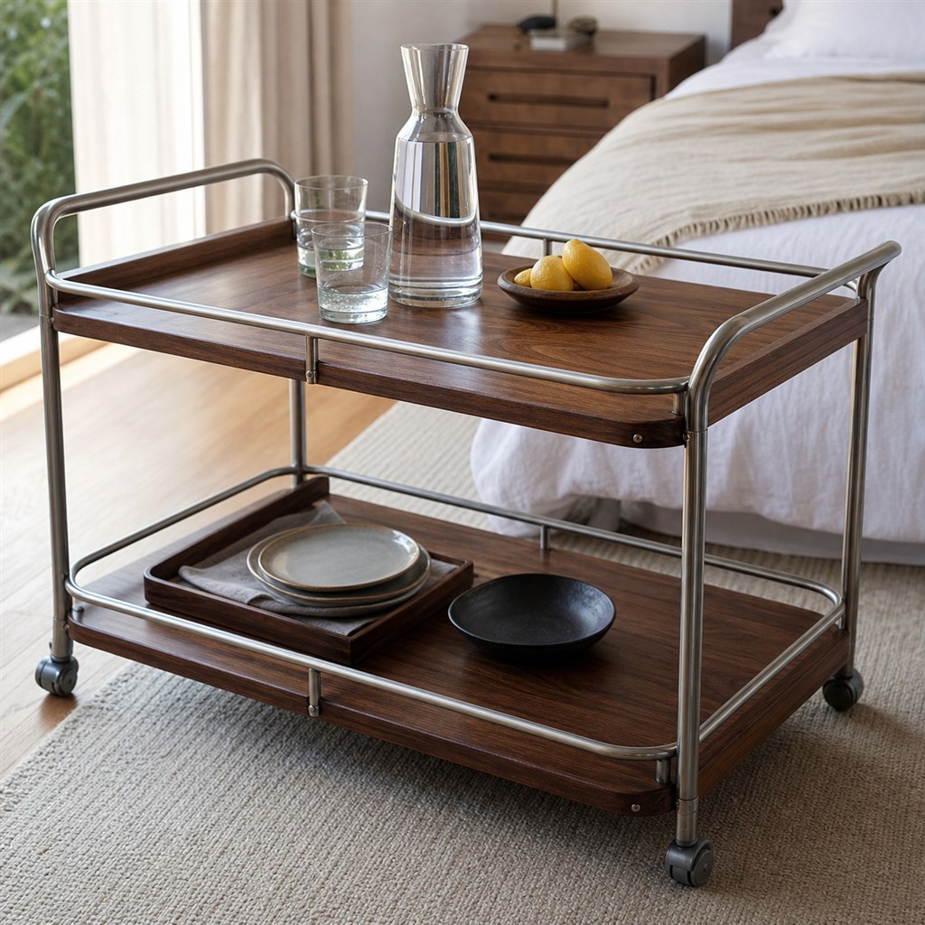 Serving Cart With Walnut Shelves and a Steel Tube Frame - finished material detail