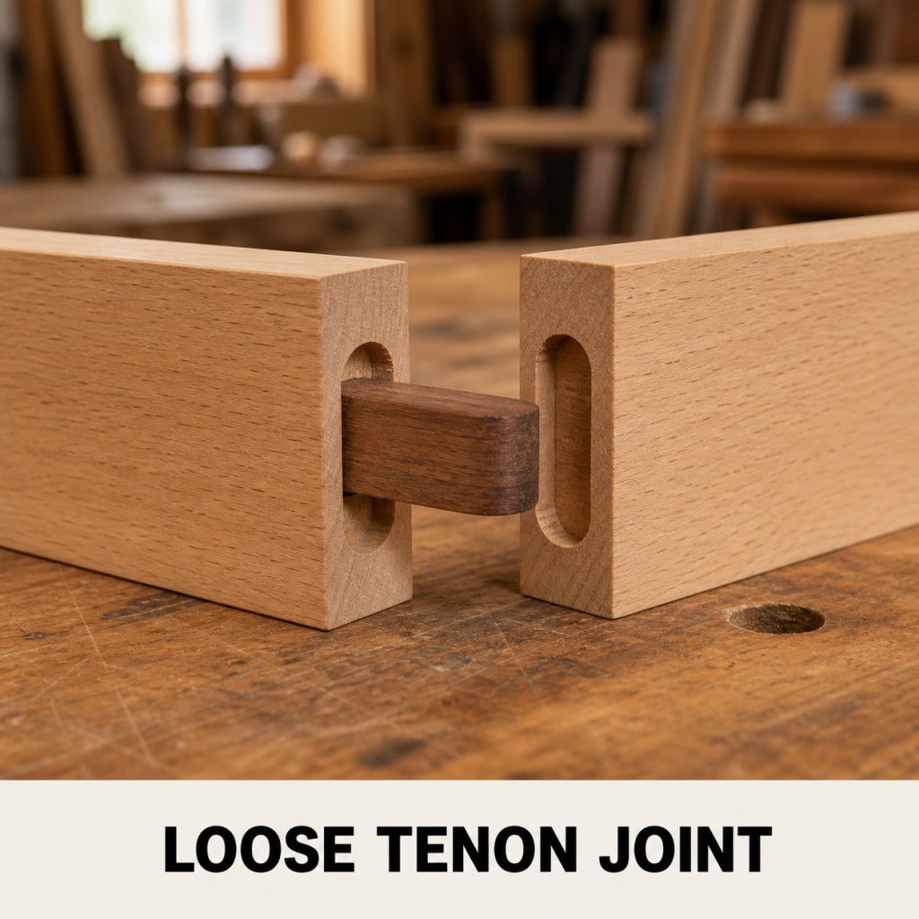 Photorealistic labeled example of Loose-Tenon Table Apron showing the woodworking connection.