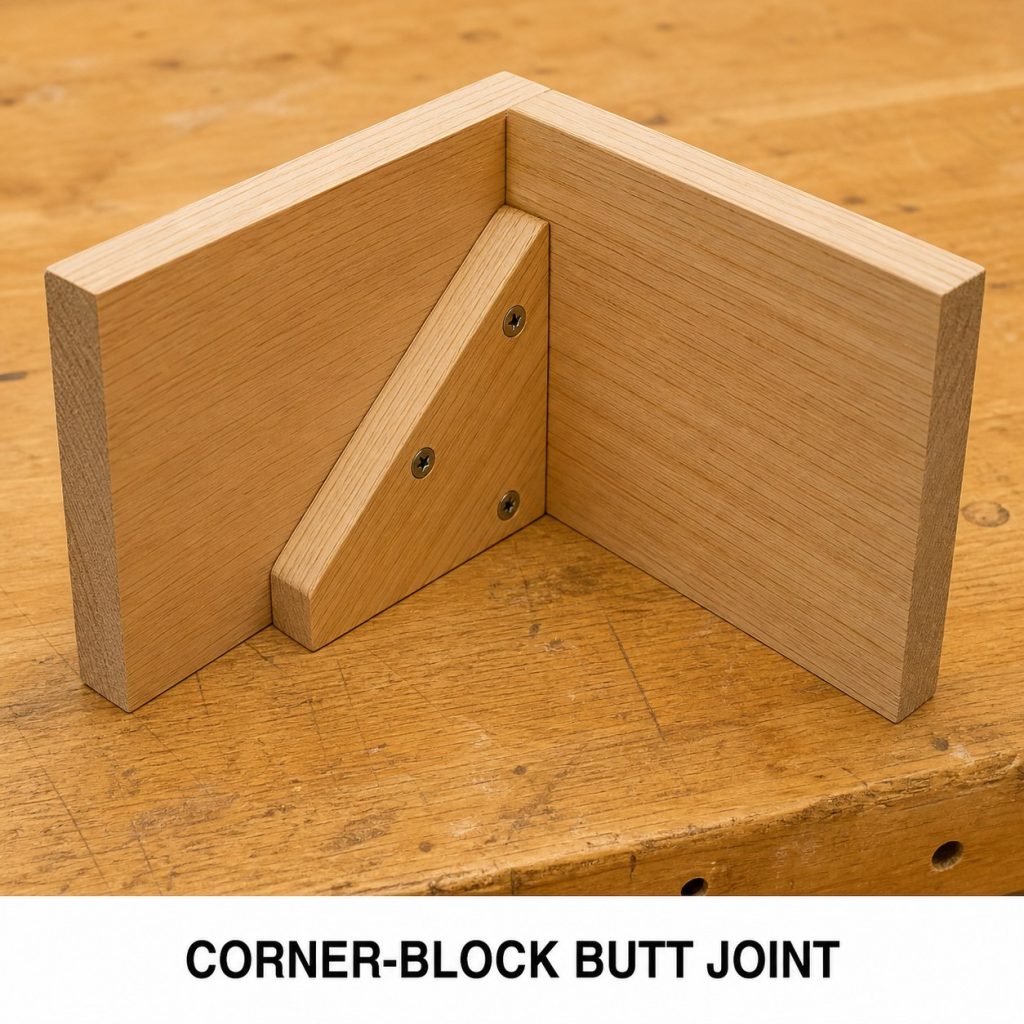 Photorealistic labeled example of Corner-Block Table Joint showing the woodworking connection.