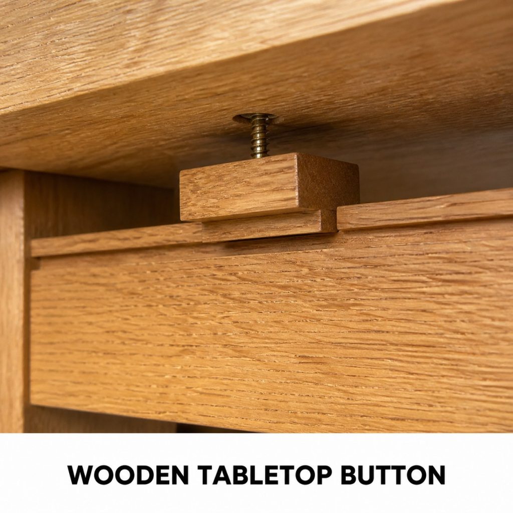 Photorealistic labeled example of Wooden Tabletop Button showing the woodworking connection.
