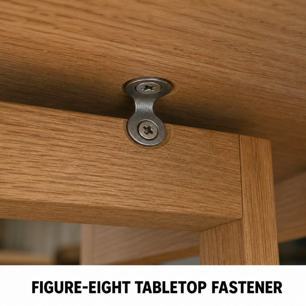 Photorealistic labeled example of Figure-Eight Tabletop Fastener showing the woodworking connection.