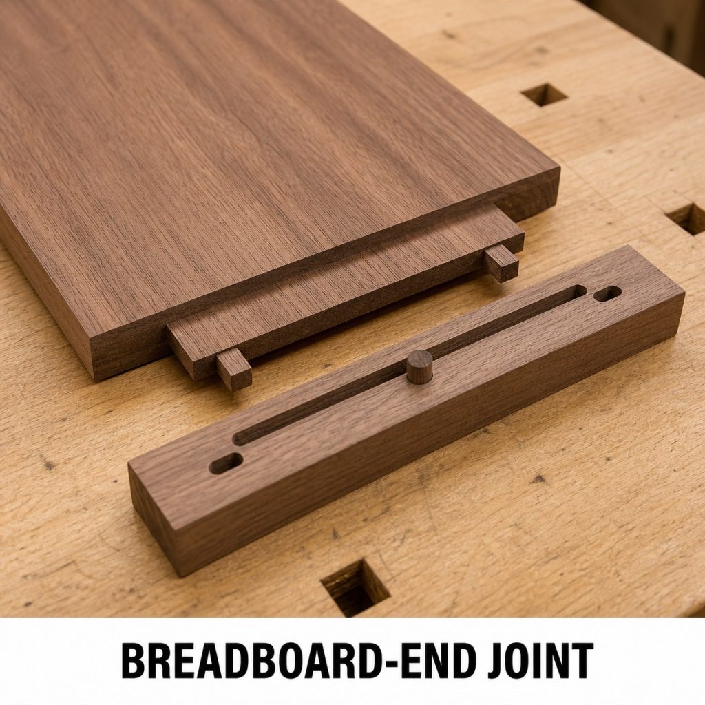 Photorealistic labeled example of Breadboard-End Table Joint showing the woodworking connection.