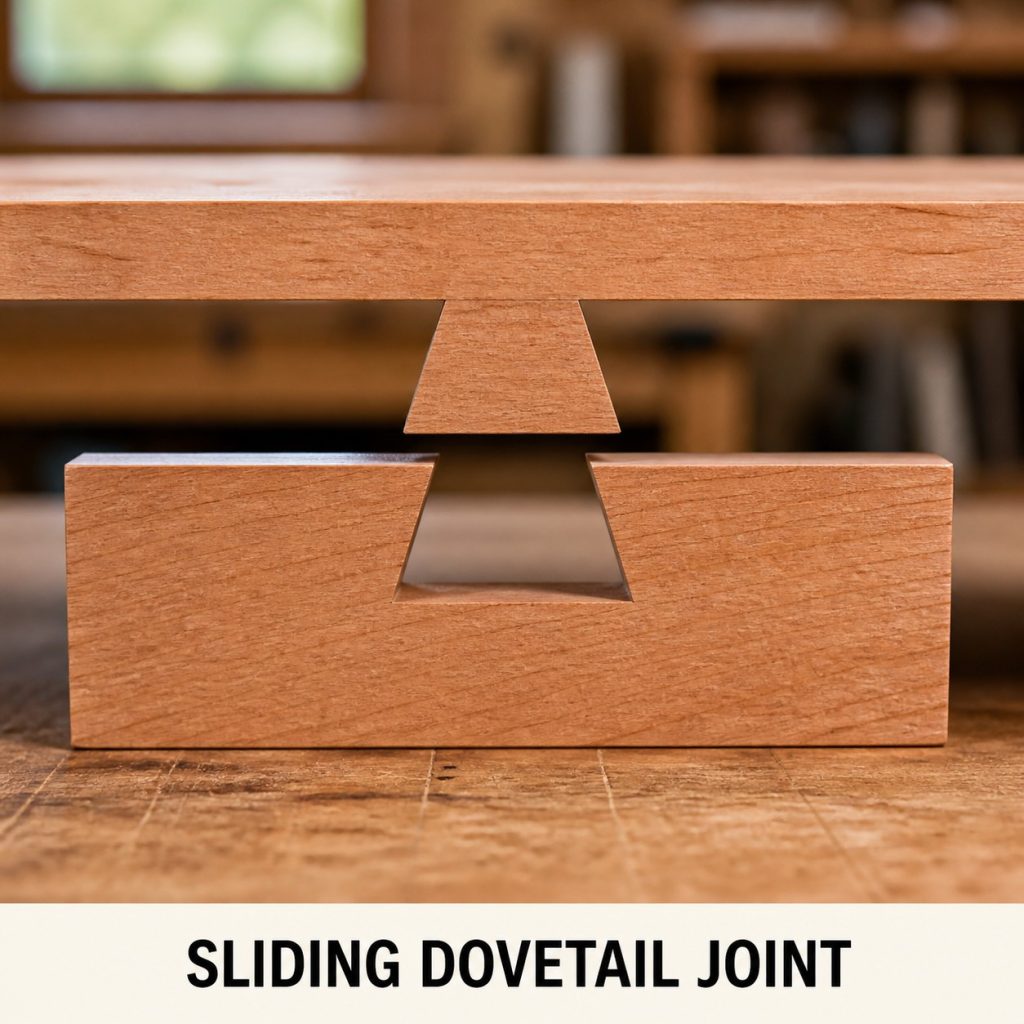 Photorealistic labeled example of Sliding-Dovetail Table Batten showing the woodworking connection.