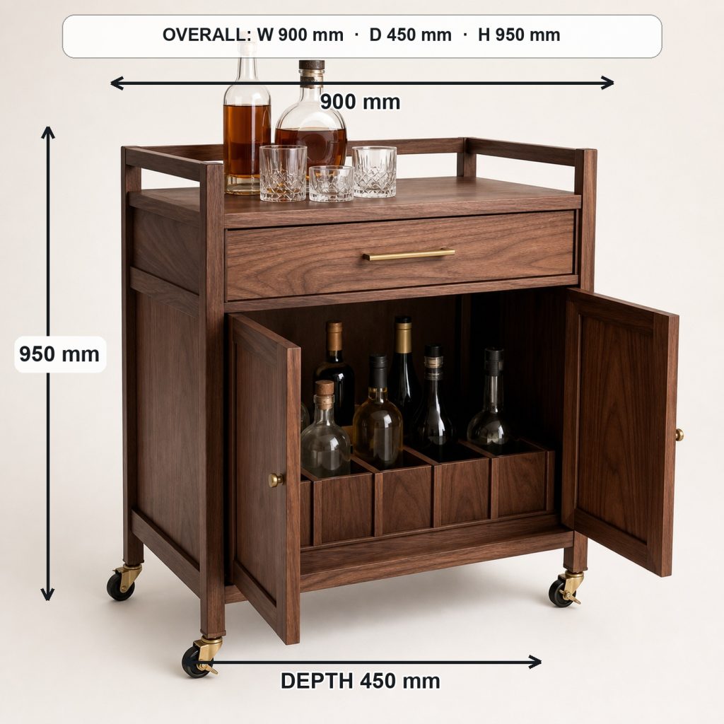 walnut bar cart and bottle cabinet complete three-quarter project view, overall dimensions 900 mm wide × 450 mm deep × 950 mm high