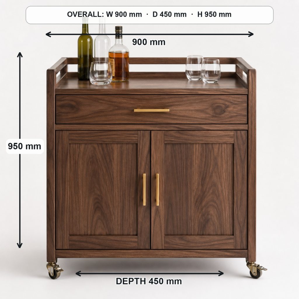walnut bar cart and bottle cabinet front elevation and overall proportions, overall dimensions 900 mm wide × 450 mm deep × 950 mm high