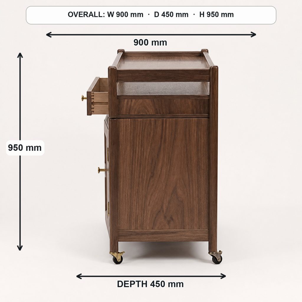 walnut bar cart and bottle cabinet side elevation and depth, overall dimensions 900 mm wide × 450 mm deep × 950 mm high
