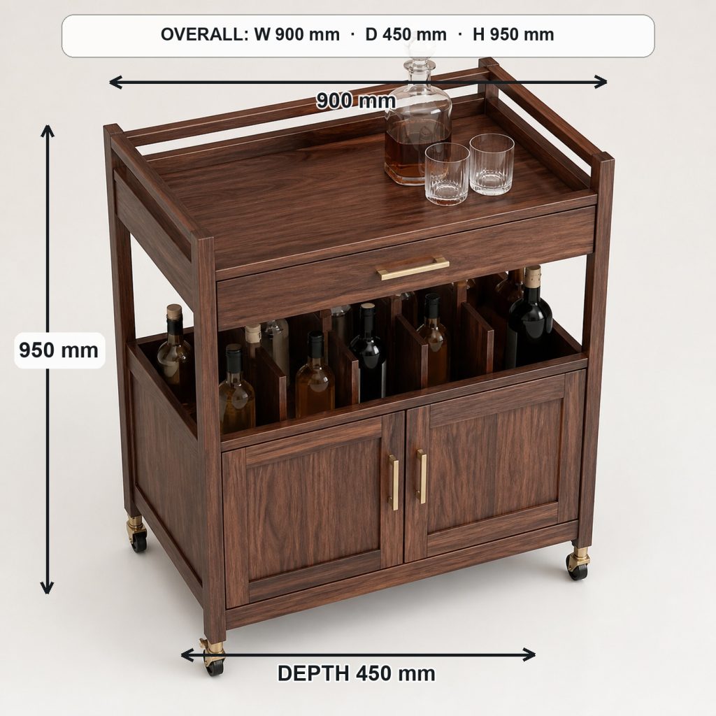walnut bar cart and bottle cabinet top view and usable surface, overall dimensions 900 mm wide × 450 mm deep × 950 mm high