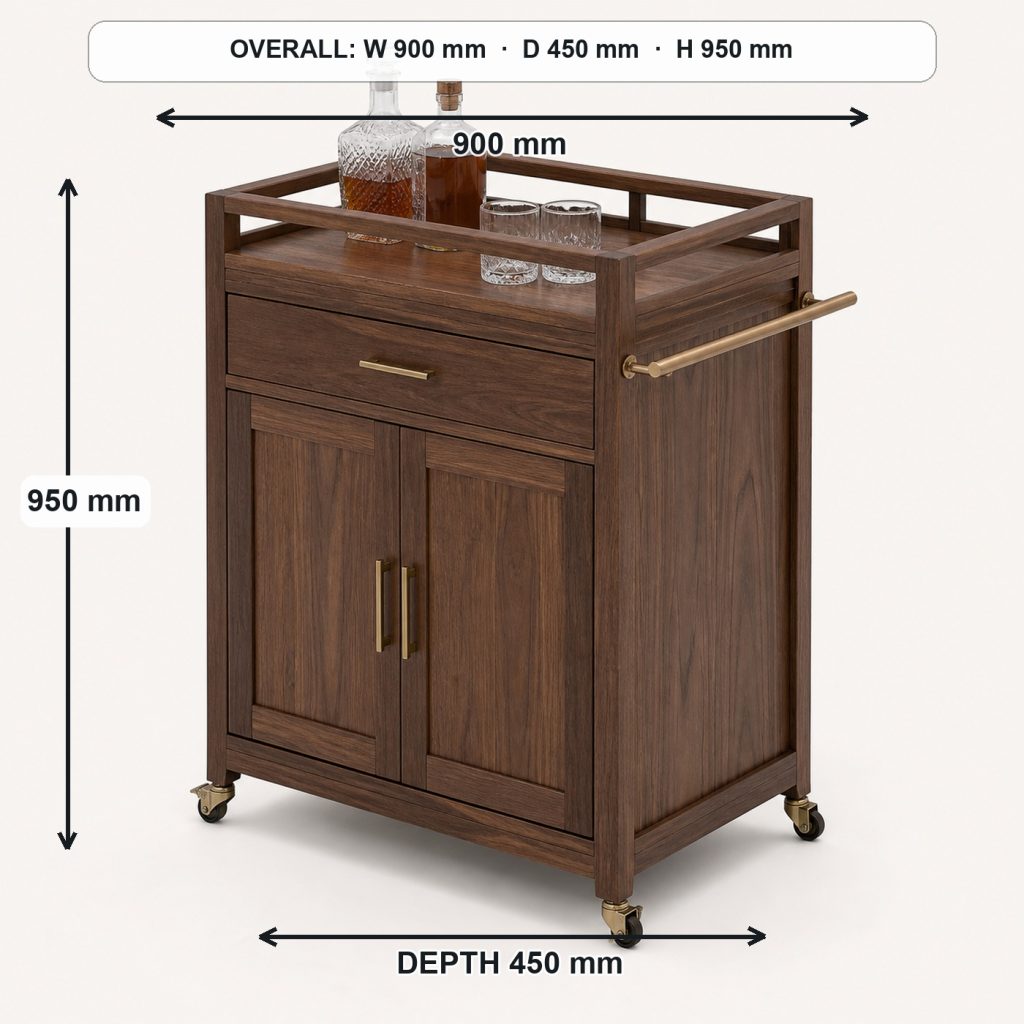 walnut bar cart and bottle cabinet rear construction and support, overall dimensions 900 mm wide × 450 mm deep × 950 mm high