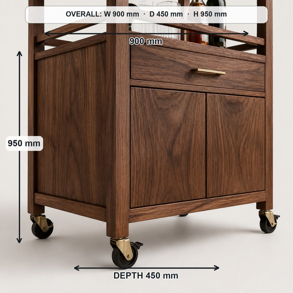 walnut bar cart and bottle cabinet primary joinery detail, overall dimensions 900 mm wide × 450 mm deep × 950 mm high