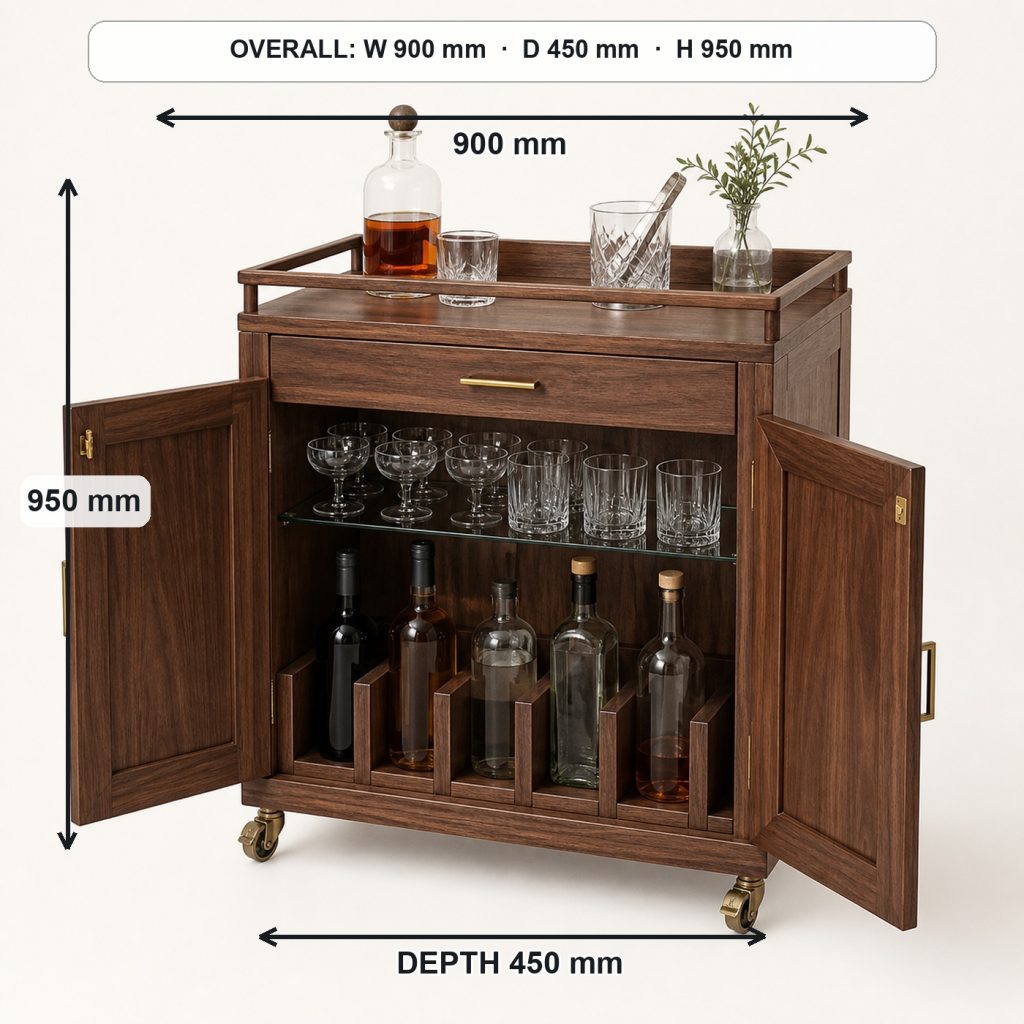 walnut bar cart and bottle cabinet storage or functional detail, overall dimensions 900 mm wide × 450 mm deep × 950 mm high