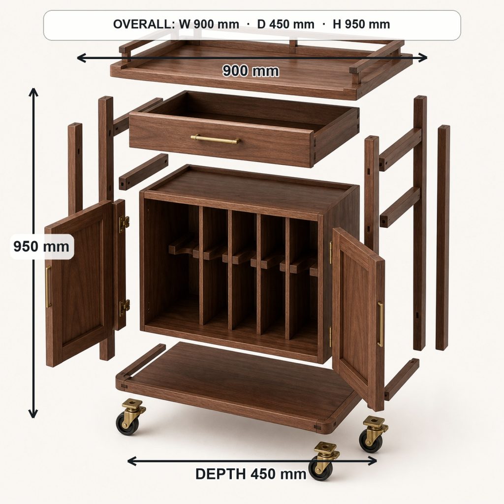 walnut bar cart and bottle cabinet exploded construction overview, overall dimensions 900 mm wide × 450 mm deep × 950 mm high