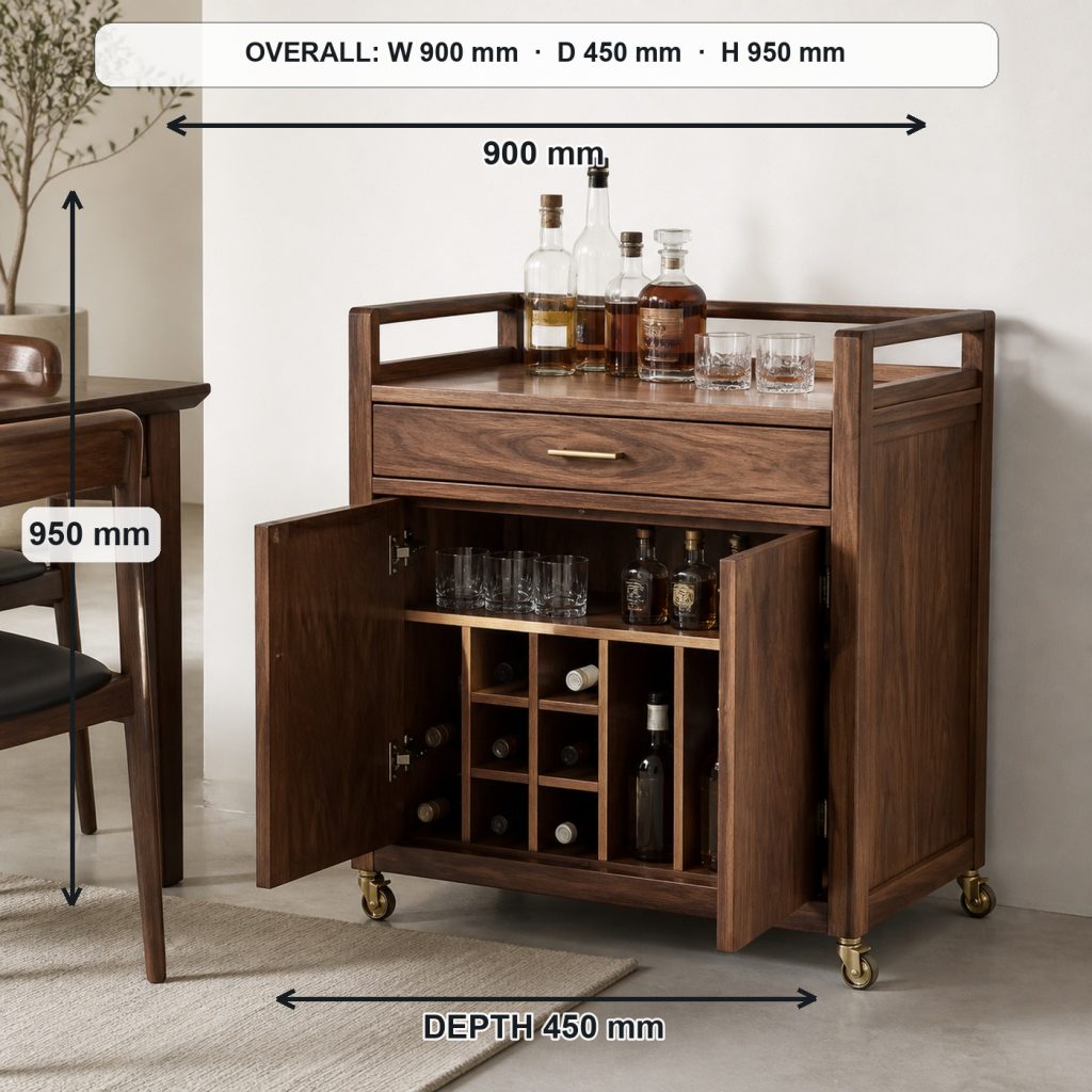 walnut bar cart and bottle cabinet project shown in a real room, overall dimensions 900 mm wide × 450 mm deep × 950 mm high