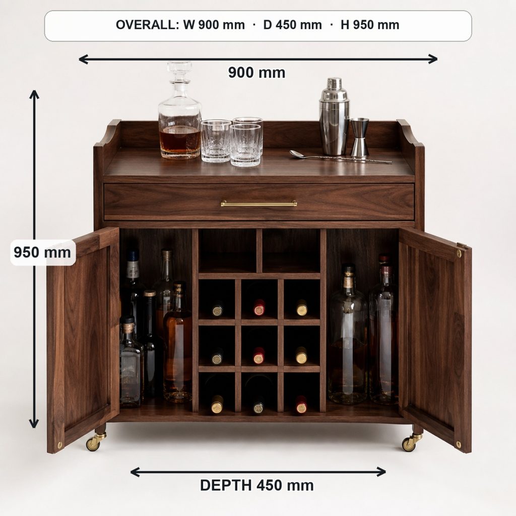 walnut bar cart and bottle cabinet finished project variation, overall dimensions 900 mm wide × 450 mm deep × 950 mm high