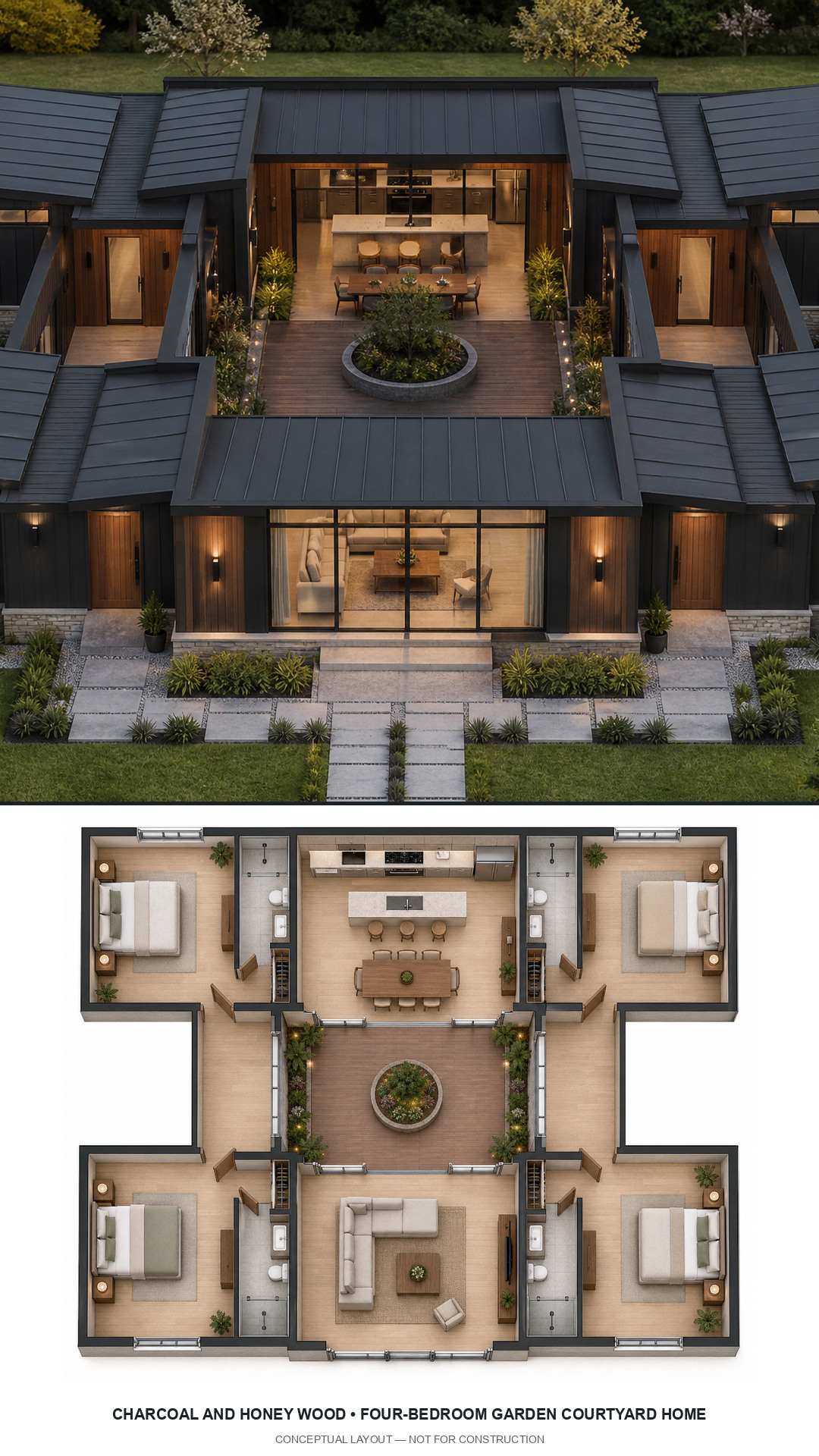 Charcoal and Honey Wood Four-Bedroom Garden Courtyard Home exterior and furnished conceptual floor plan