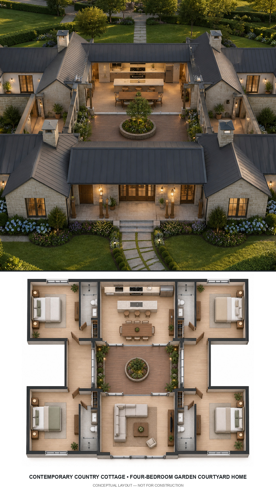 Contemporary Country Cottage Four-Bedroom Garden Courtyard Home exterior and furnished conceptual floor plan
