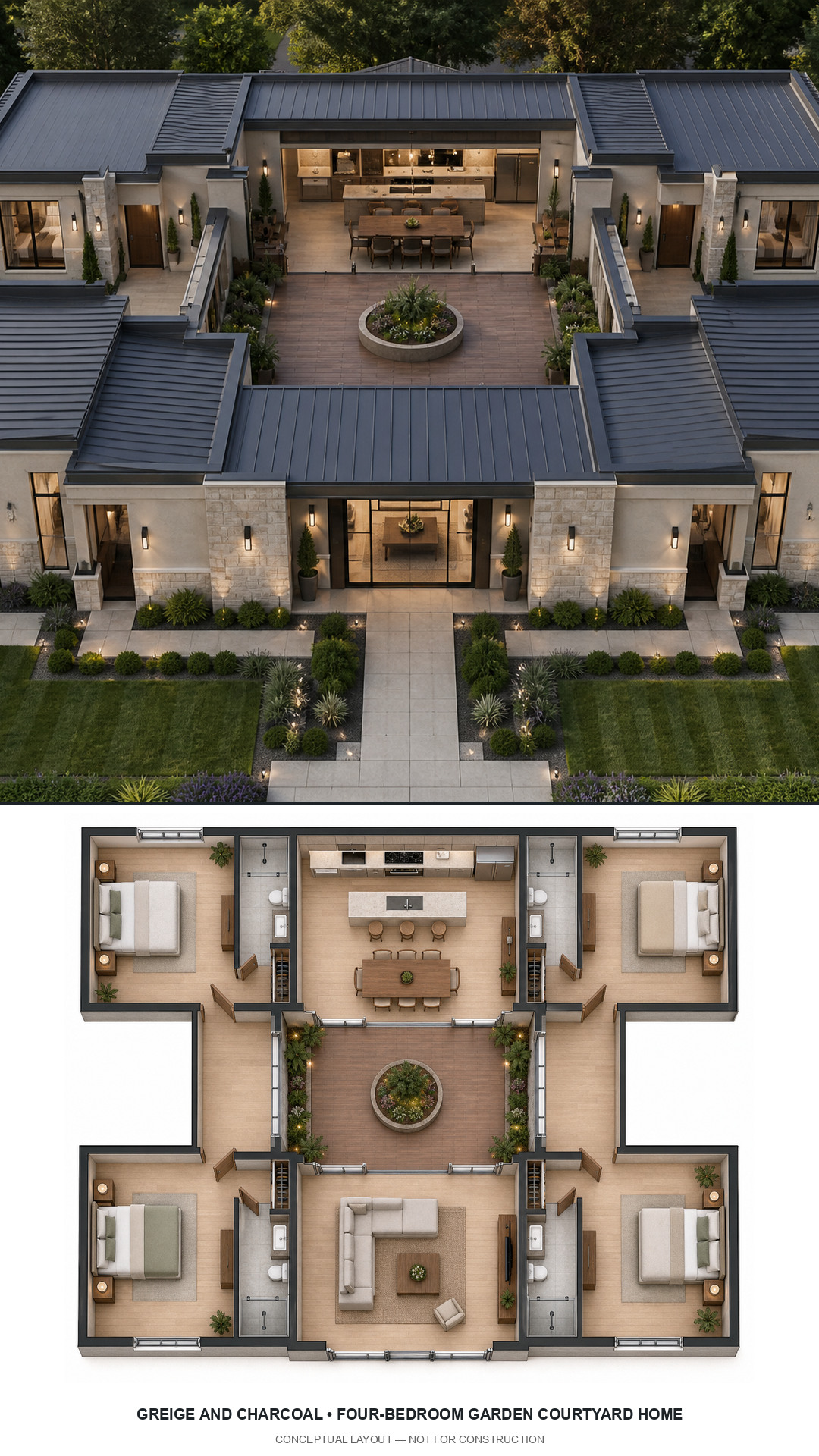 Greige and Charcoal Four-Bedroom Garden Courtyard Home exterior and furnished conceptual floor plan