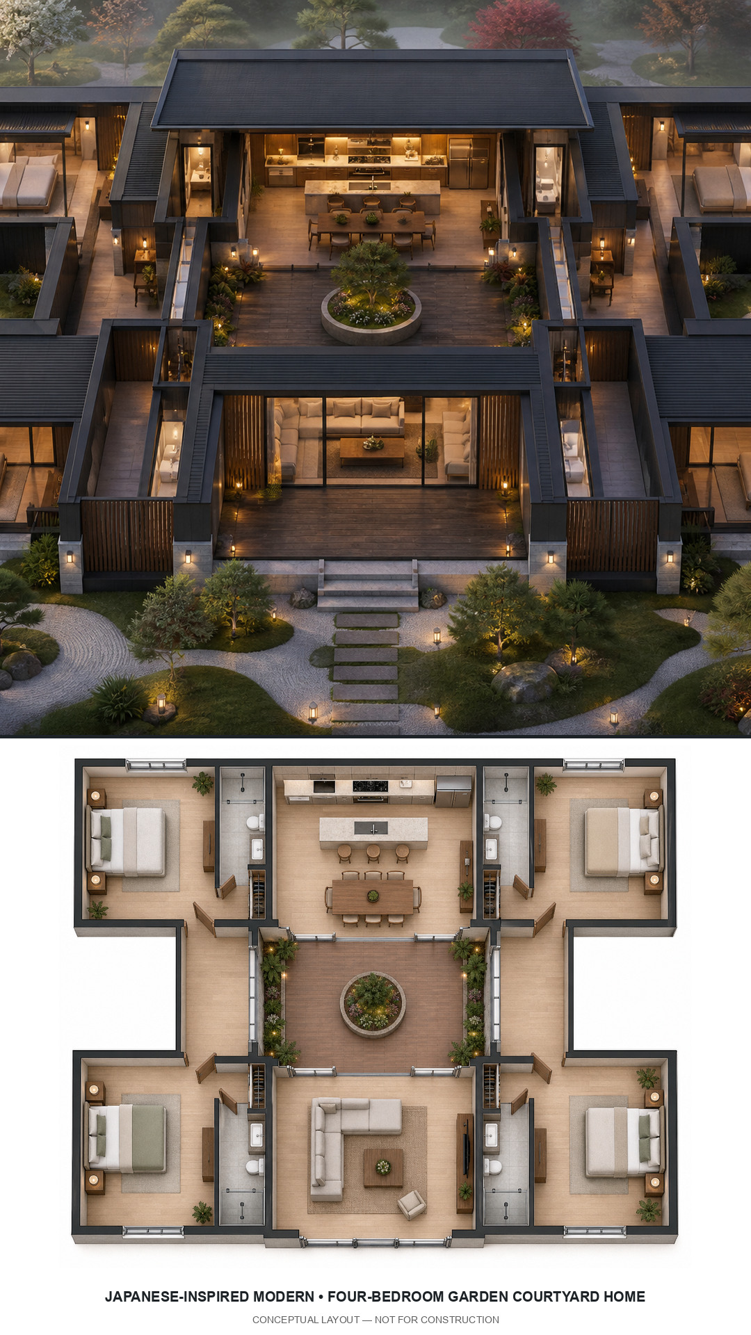 Japanese-Inspired Modern Four-Bedroom Garden Courtyard Home exterior and furnished conceptual floor plan