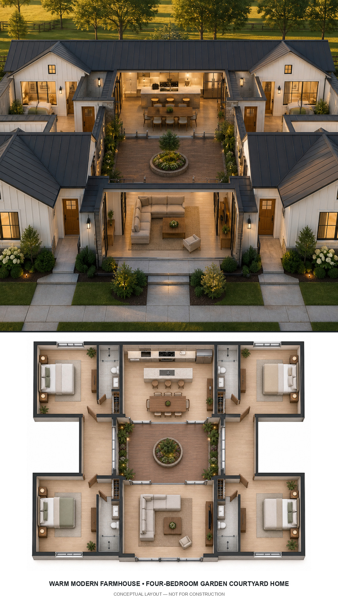 Warm Modern Farmhouse Four-Bedroom Garden Courtyard Home exterior and furnished conceptual floor plan