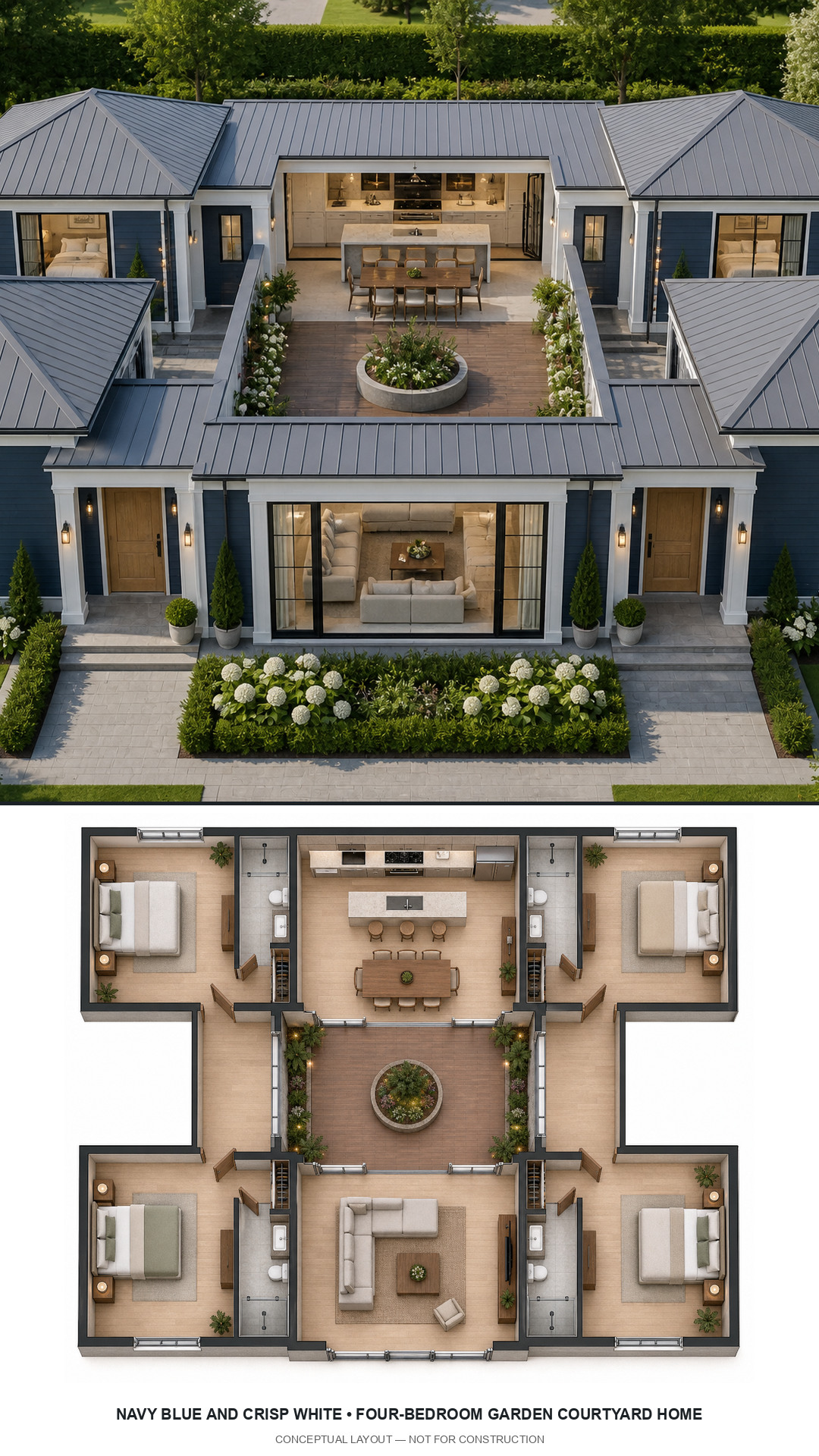Navy Blue and Crisp White Four-Bedroom Garden Courtyard Home exterior and furnished conceptual floor plan