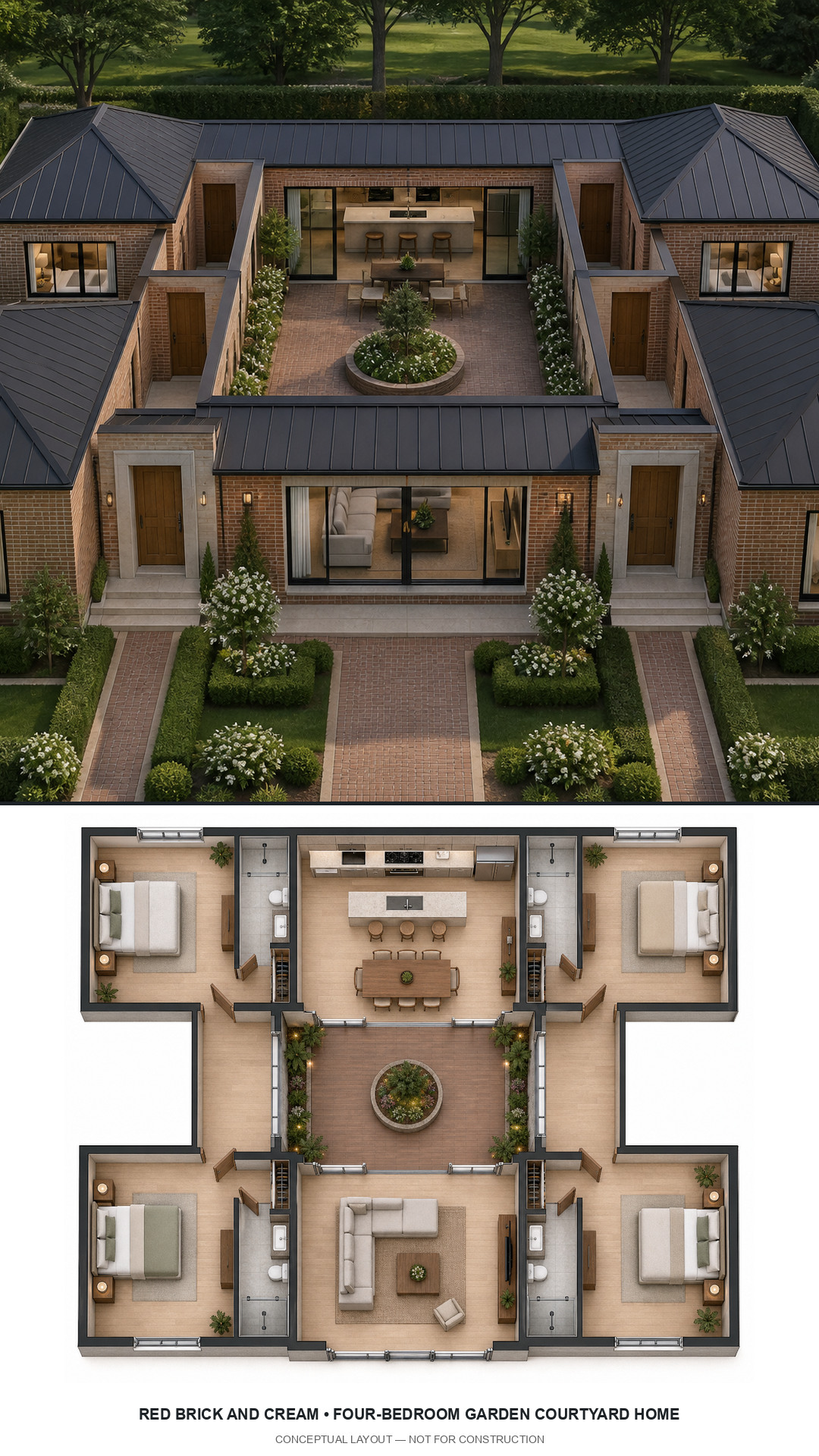 Red Brick and Cream Four-Bedroom Garden Courtyard Home exterior and furnished conceptual floor plan