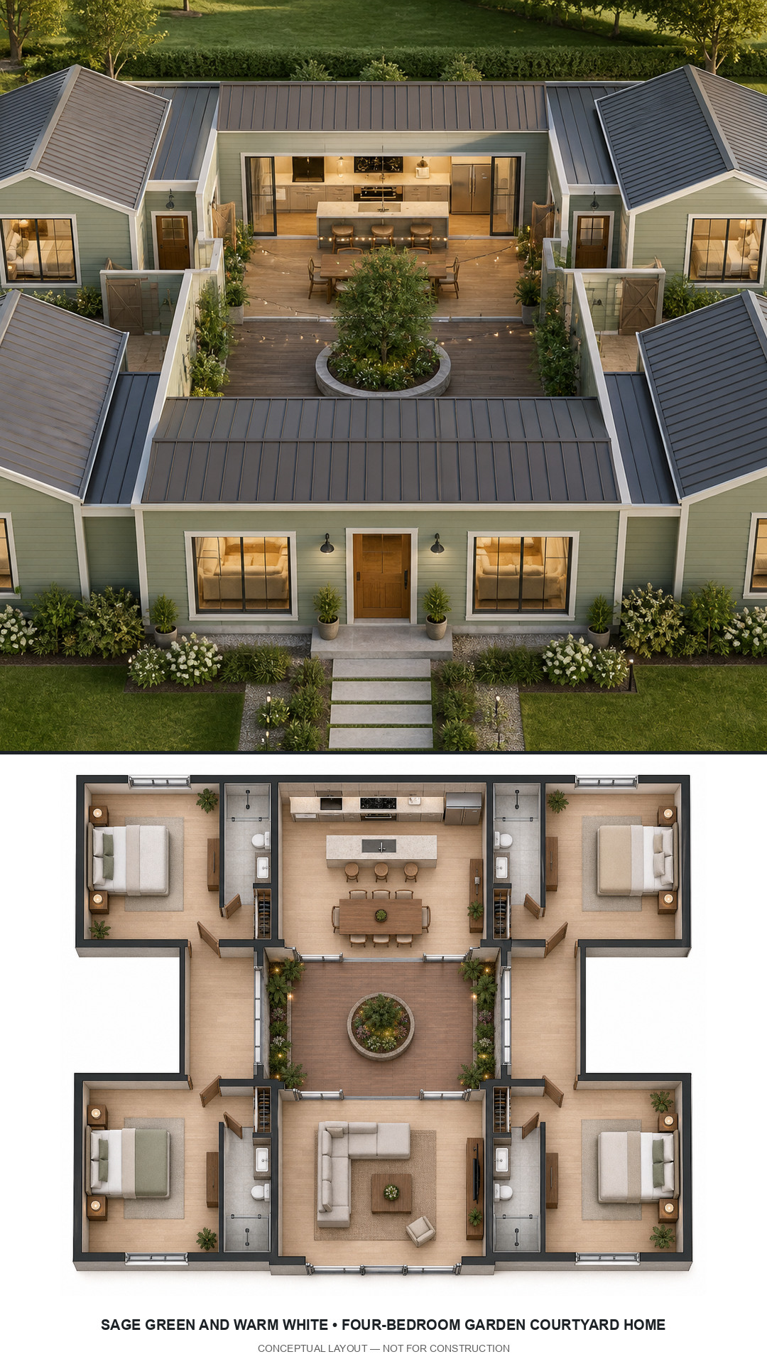 Sage Green and Warm White Four-Bedroom Garden Courtyard Home exterior and furnished conceptual floor plan