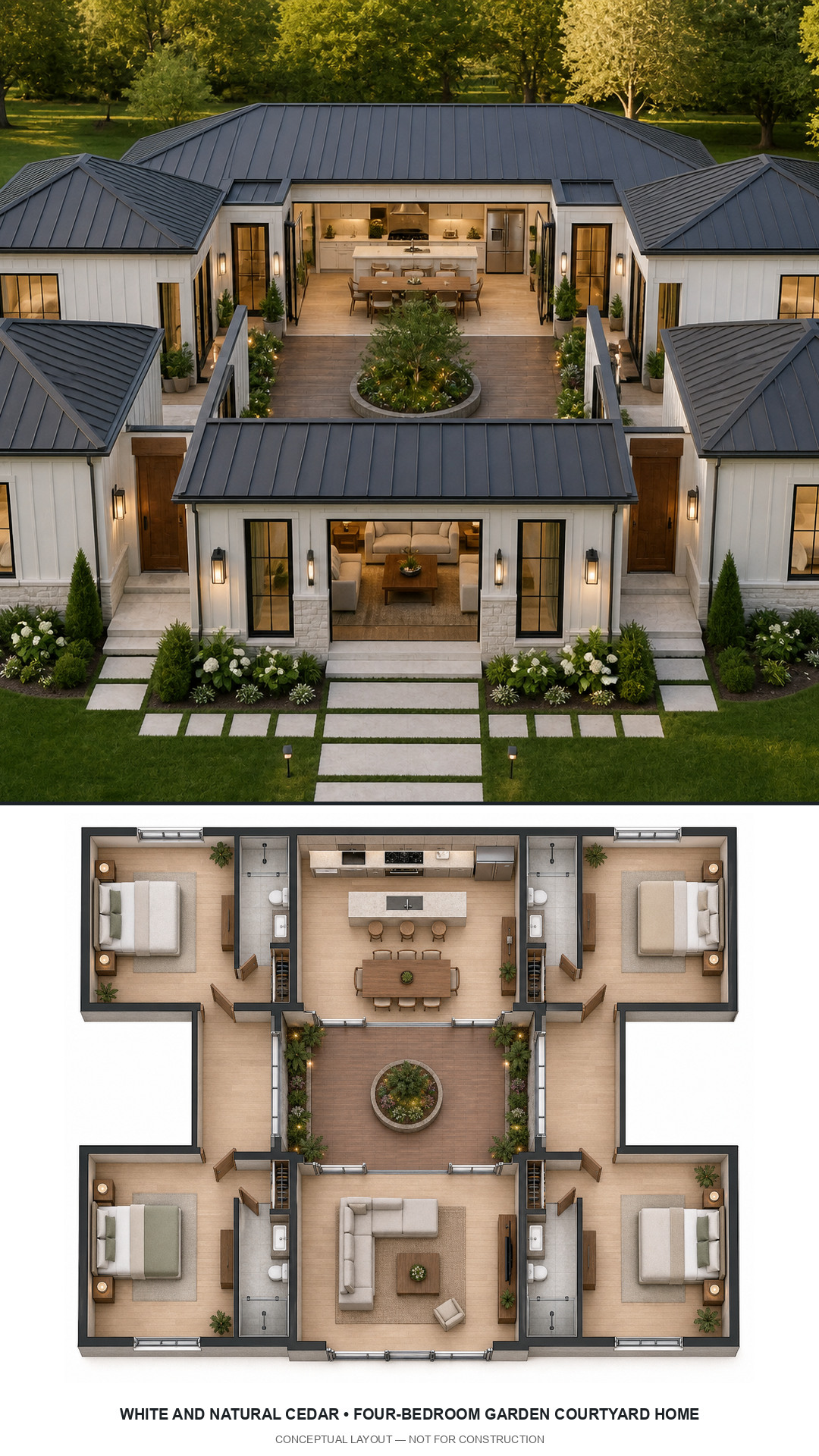 White and Natural Cedar Four-Bedroom Garden Courtyard Home exterior and furnished conceptual floor plan