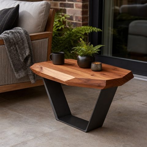Sculptural End Table With a Faceted Wood Top and Steel V-Base