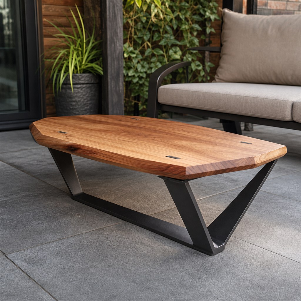 Sculptural End Table With a Faceted Wood Top and Steel V-Base - alternate full view
