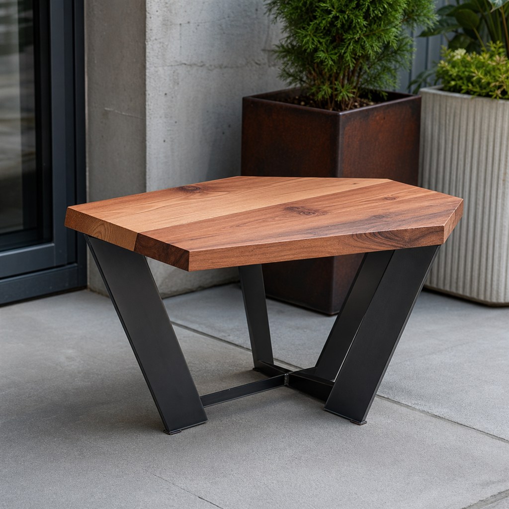Sculptural End Table With a Faceted Wood Top and Steel V-Base - steel-frame detail